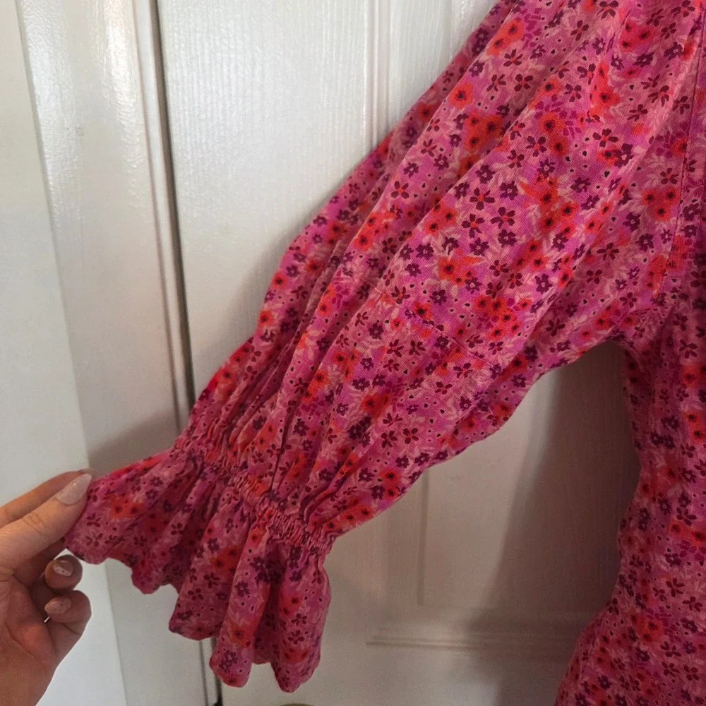 Free People Pink Floral Cotton Puff Sleeve Button Front Blouse Boho Cottage Sm